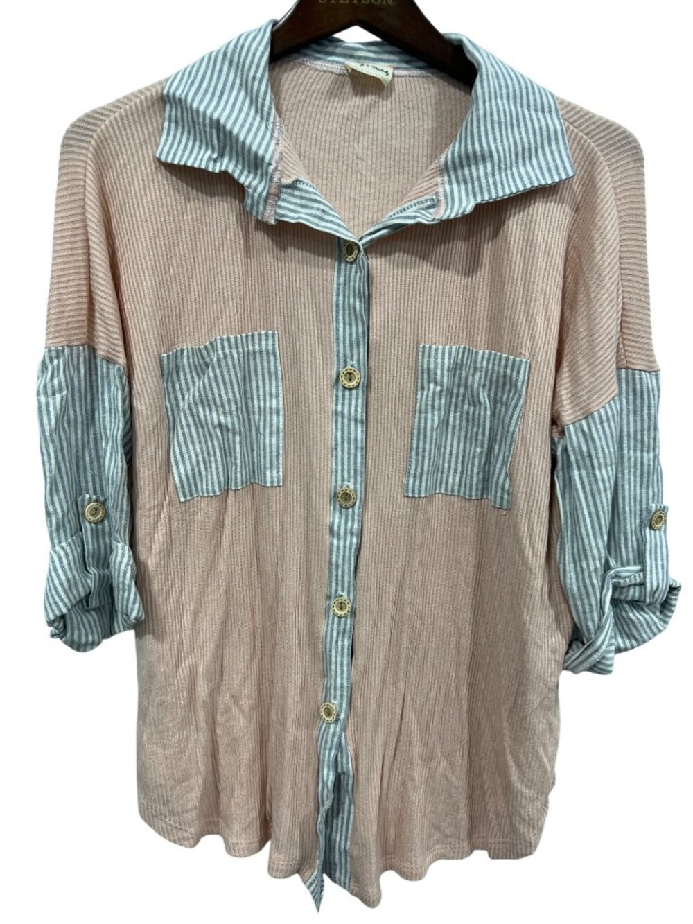 Lovely Melody Shirt XL Striped Button Down Colorblock Pink Blue Preppy Retro